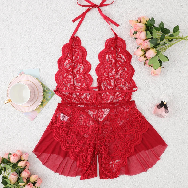 White Backless Crotchless Sexy Lingerie Hollow Bodysuit Teddy Babydoll Dress Deep V Open Erotic Costume Lace Porn Underwear Set