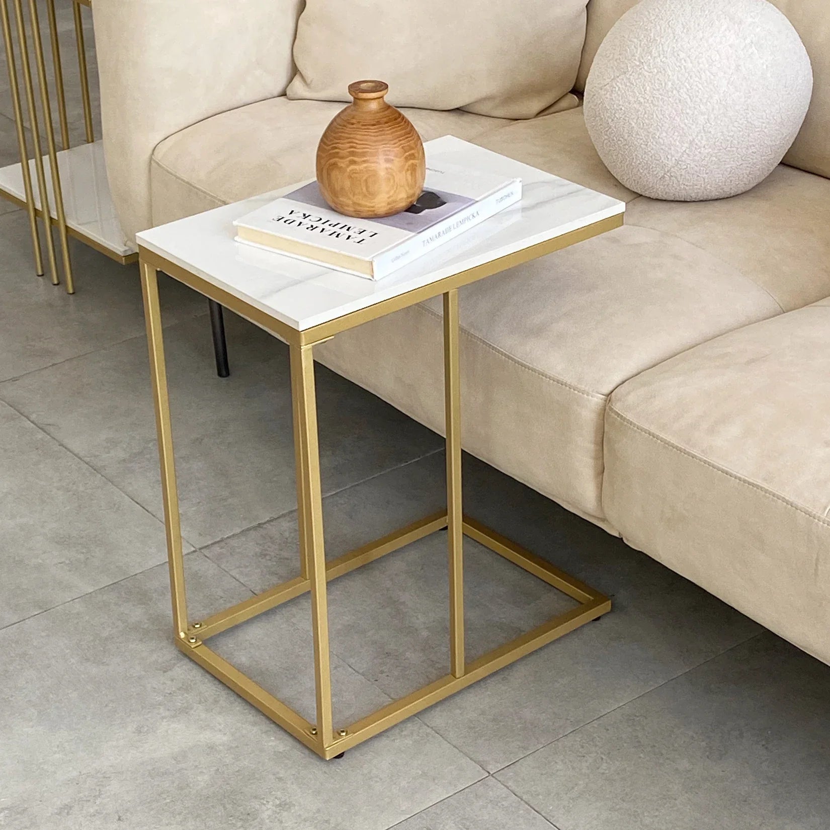 Marble Side End Table, C Shaped Couch, Coffee Table, Slide Under Sofa Bed, Indoor Gold Metal Frame