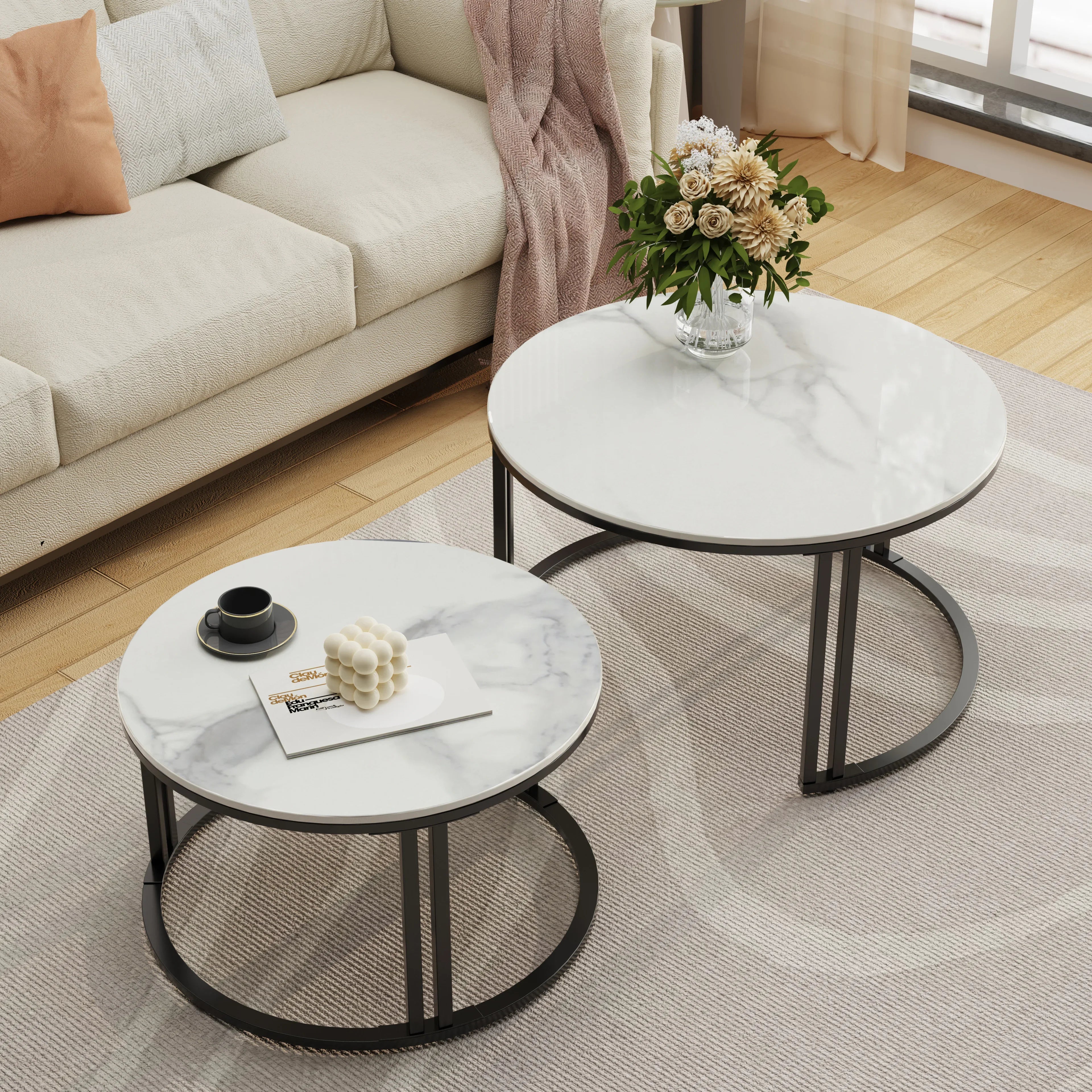 Nesting Coffee Table, Set of 2 Accent Tables, White and Gray Marble Top, Dual-Support Frame, Stacking Side Desk