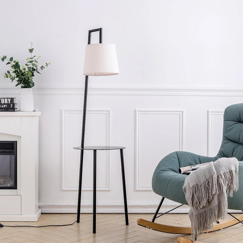 KOMORE 60 W Metal Tray Table Floor Lamp with Linen Lampshade for Living Room Office, Bedroom, Hallway, Porch