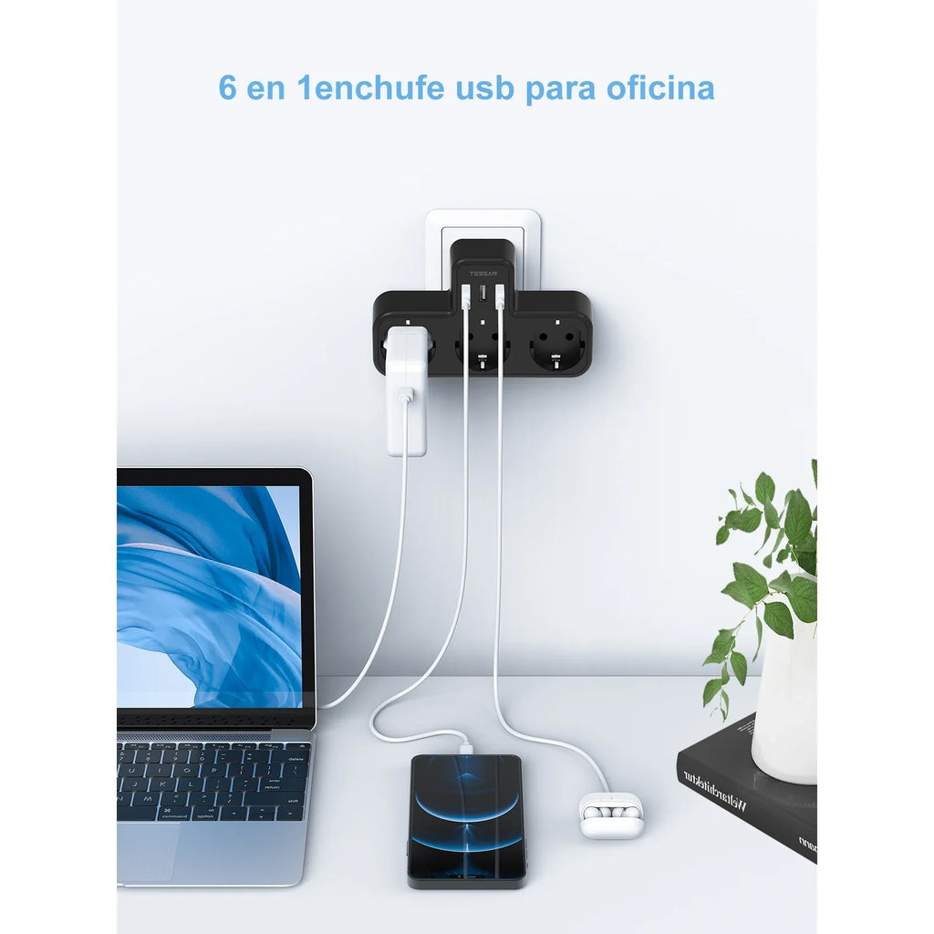 TESSAN EU Plug Power Strip with 3 AC Outlets +3 USB Ports, 6 In 1 Wall Charger Power Socket Adapter Overload Protection for Home