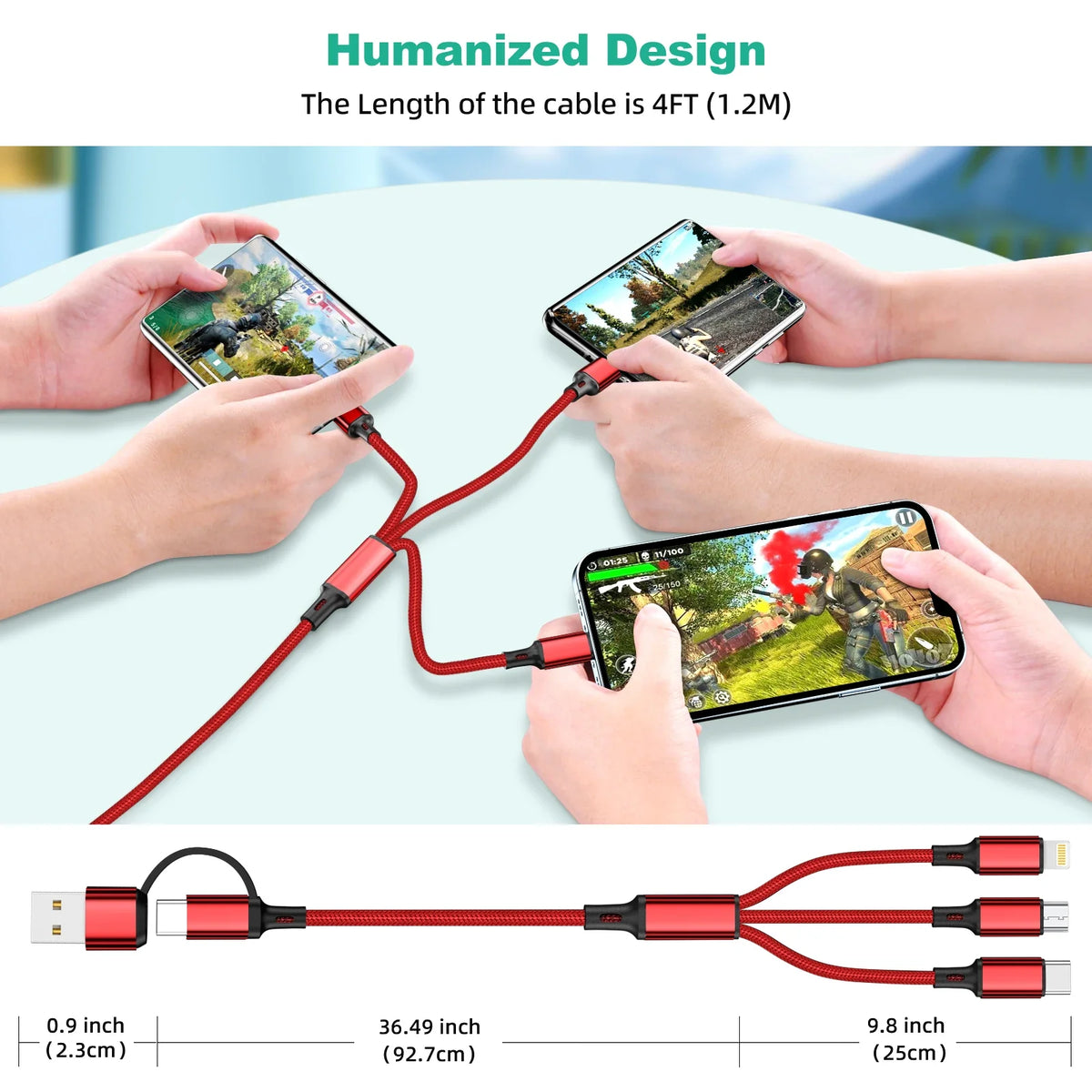 3 In 1 Fast Charging Cord For iPhone Huawei Micro USB Type C Charger Cable 1.2m Multi Usb Port Multiple Usb Charging Cord