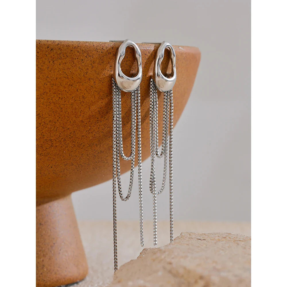 Yhpup 316L Stainless Steel Geometric Tassel Chain Drop Dangle Earrings for Women Temperament Popular Waterproof Jewelry Gift