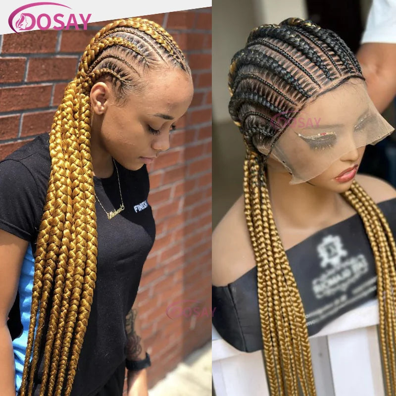 36" Cornrows Box Synthetic Hair Braided Wigs #27 Blonde Knotless Full Lace