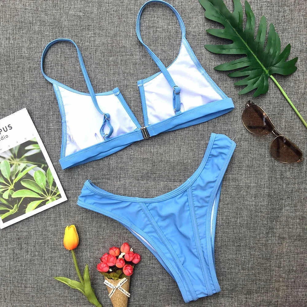 Splicing Denim V Shaped Thong Bikini Women Swimsuit Female Swimwear Two Pieces Bikini Set Bather Push Up Bathing Suit Swim Lady