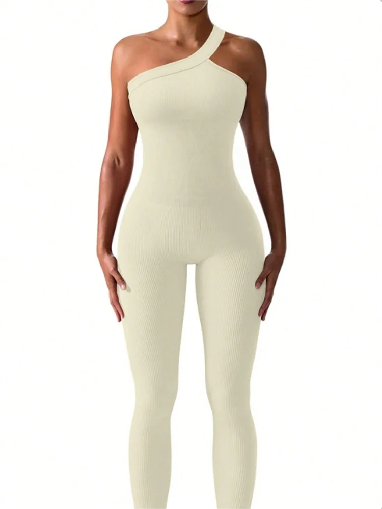 Women Yoga Jumpsuits Workout Ribbed One Shoulder One Piece Sport Jumpsuits