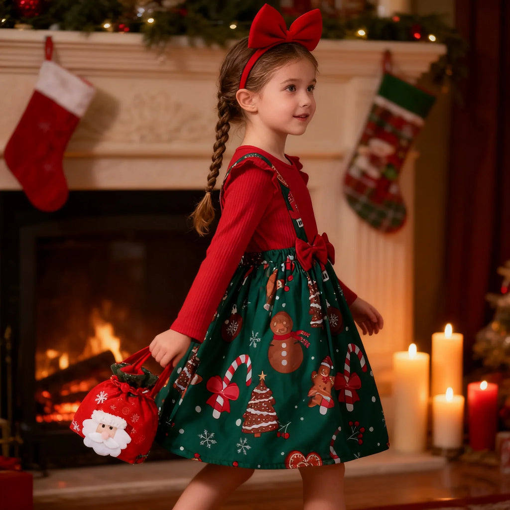 Girl's New Year Red Patchwork and Christmas Deer Print Casual Dress