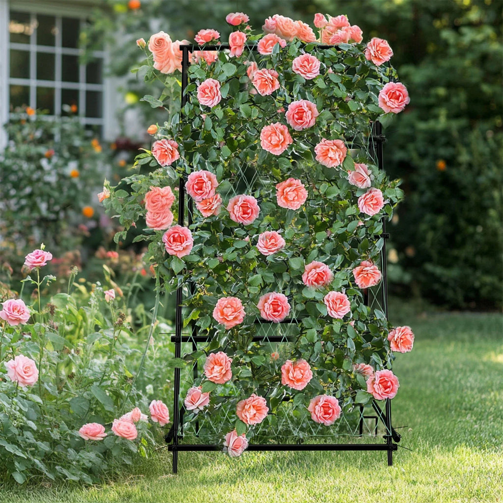 Metal A-Shaped Garden Arch Trellis for Climbing Plants Vegetable Cucumber Support Frame with Nylon Netting, Four Ground Spikes