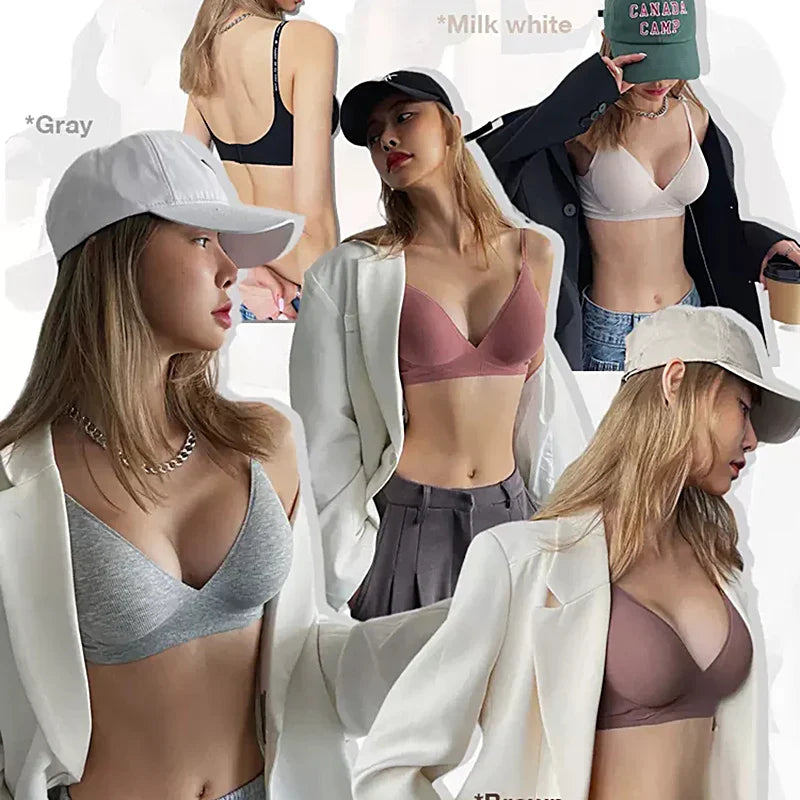 FINETOO Women Wireless Bra Deep V Padded Bralette S-XL Trendy Stripe Knitting Bras Sexy Ladies Brassiere Solid Underwear 6 Color