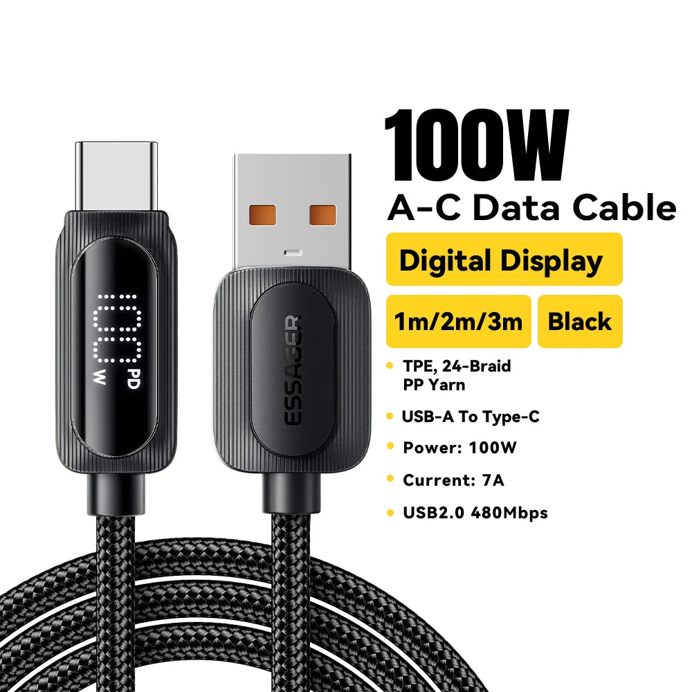 Essager 100W USB Type C Cable 5A PD Fast Charging Wire Cord For Macbook iPad iPhone 16 15Pro Samsung Xiaomi Digital Display Wire