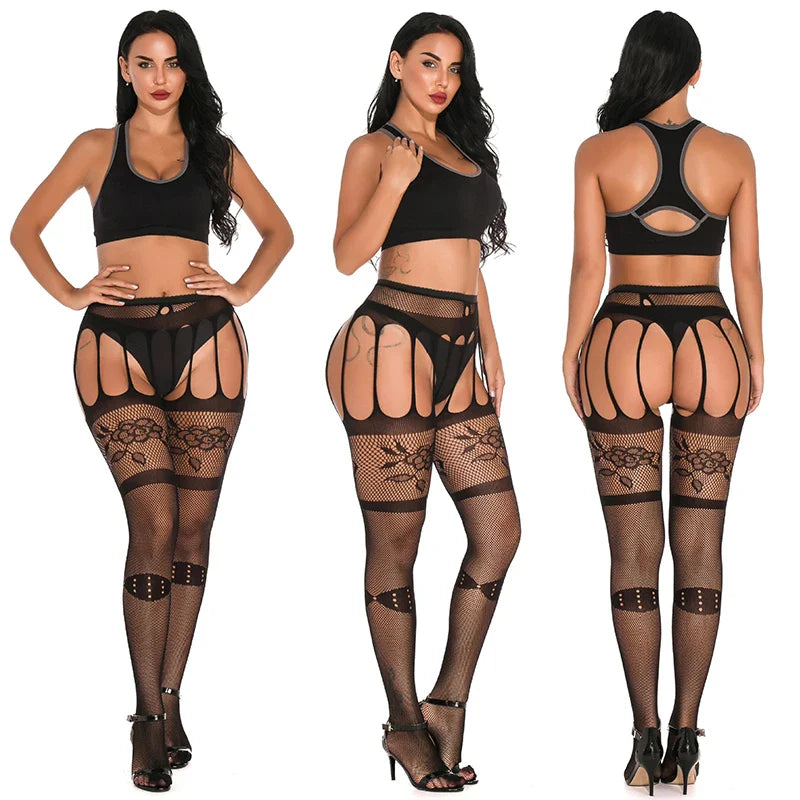 Women Rhinestone Stockings With Belt Set High Fishnet Tights Erotic Lingerie Sexy Pantyhose Floral Print Long Mesh Lace Stocking