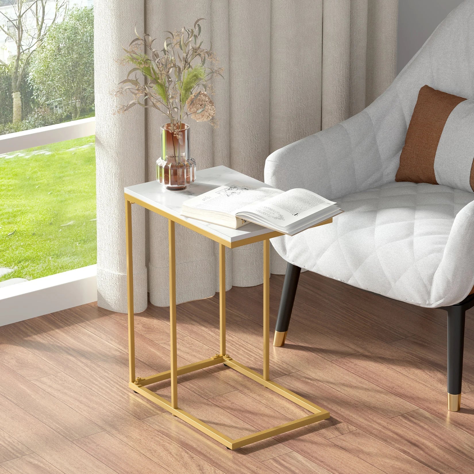 Marble Side End Table, C Shaped Couch, Coffee Table, Slide Under Sofa Bed, Indoor Gold Metal Frame
