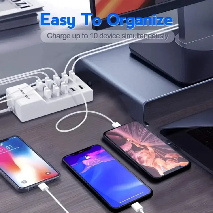 USB Charger Station,10-Port 50W Multiple USB Charging Station Multi Ports USB Charger Charging for Tablet Laptop Computer