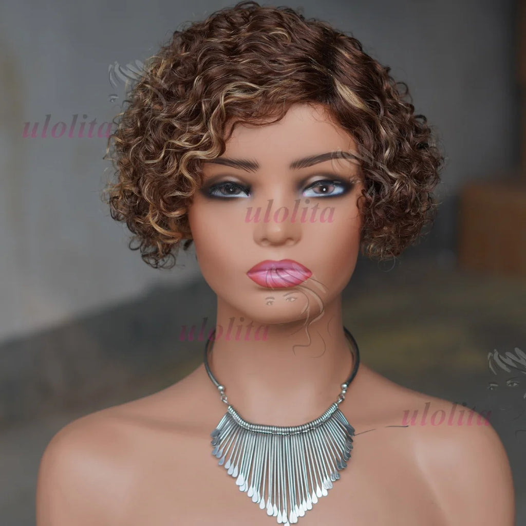 Ombre Blonde T1B27Pixie Cut Short Curly Bob Side Part Non Lace Front 100%