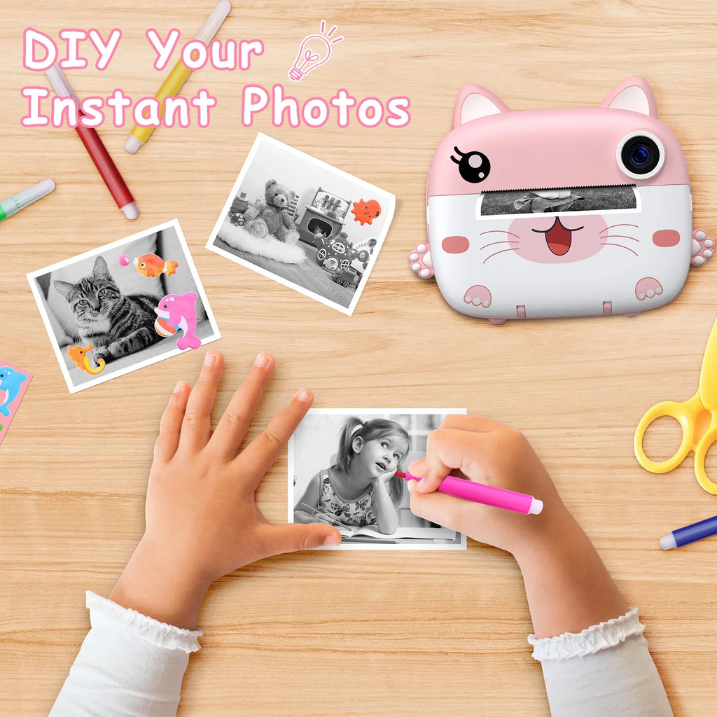 Kids Instant Print Camera 2.4 Inch 1080P Digital Camera Portable Cartoon Video Camera With 32GB Card & 5 Color Pens