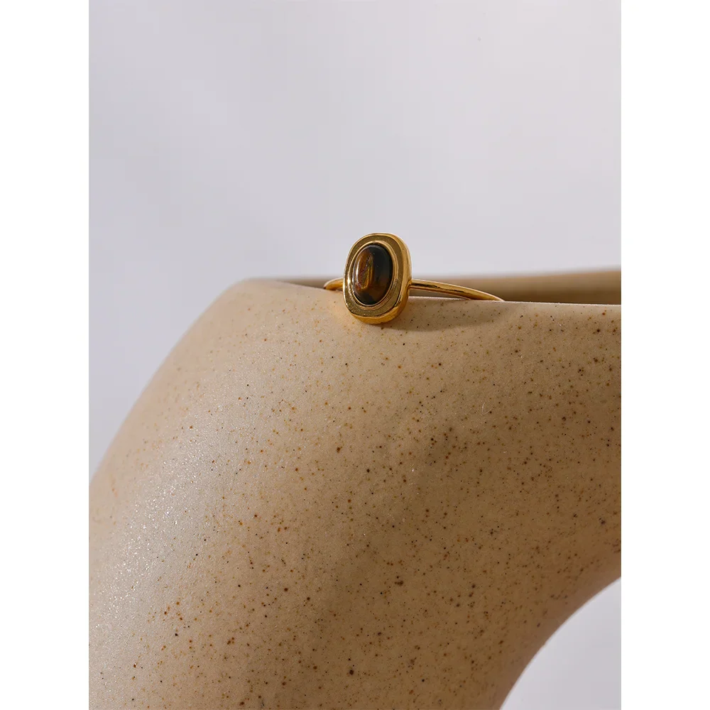 Yhpup Fashion Natural Stone Stainless Steel Oval Thin Chic Ring Women 18K PVD Plated Waterproof Jewelry Accessories 2024 Gift