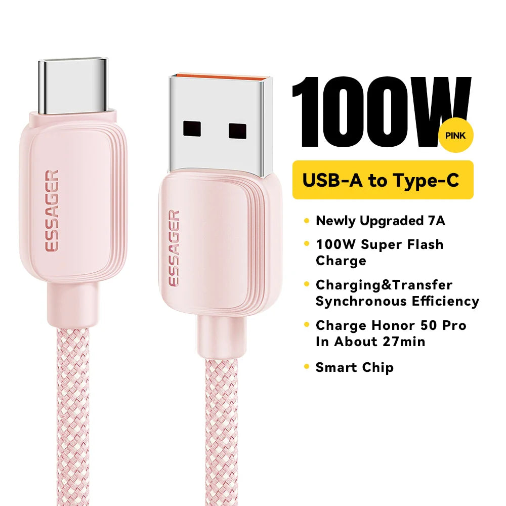 Essager 7A 100W USB Type C Cable For Huawei Honor 88W PD Fast Charging Charger USB A Data Cord Cable For Xiaomi Oneplus Samsung