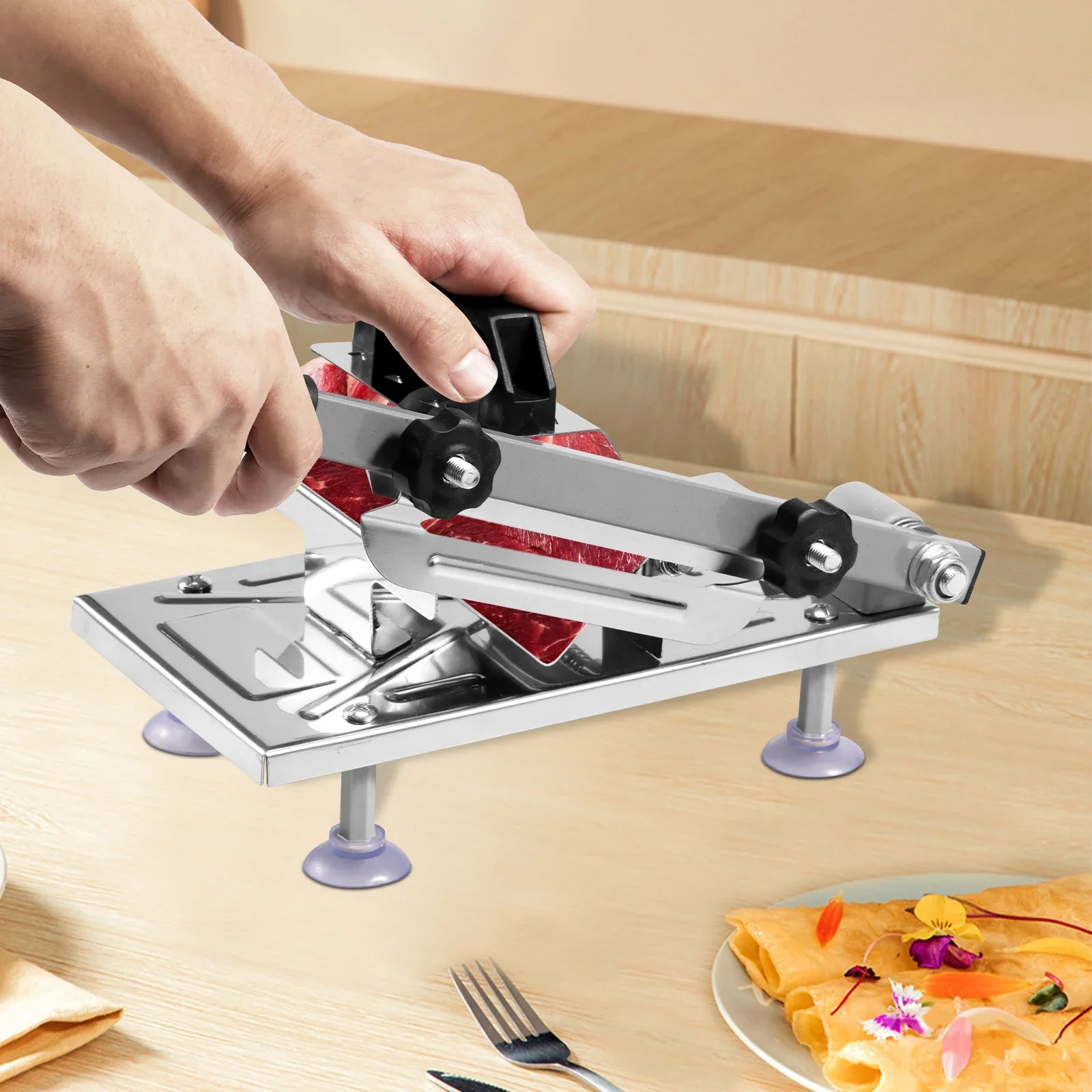 Frozen Meat Slicer Stainless Steel Meat Food Slicer with Anti Slip Suction Cups Thickness Adjustable Meat Cutting Machine