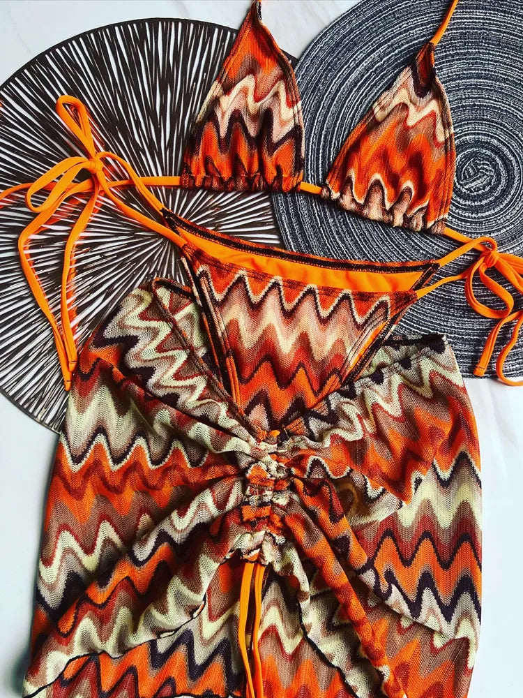 Women Swimsuit Colored Maple Leaves Knitted Bikini Skirt Three-Piece Set Split Swimsuit Bikini