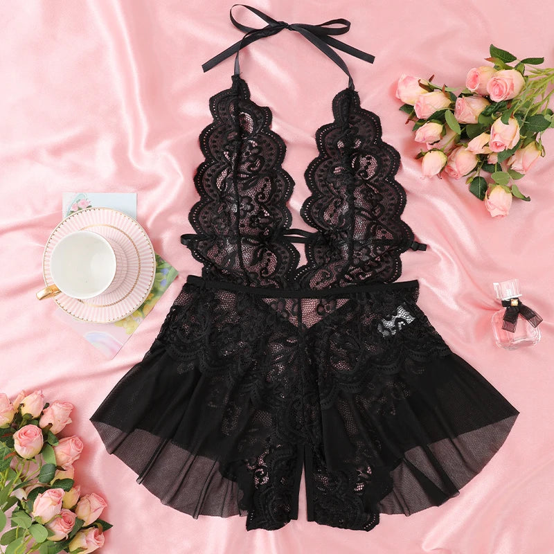 White Backless Crotchless Sexy Lingerie Hollow Bodysuit Teddy Babydoll Dress Deep V Open Erotic Costume Lace Porn Underwear Set