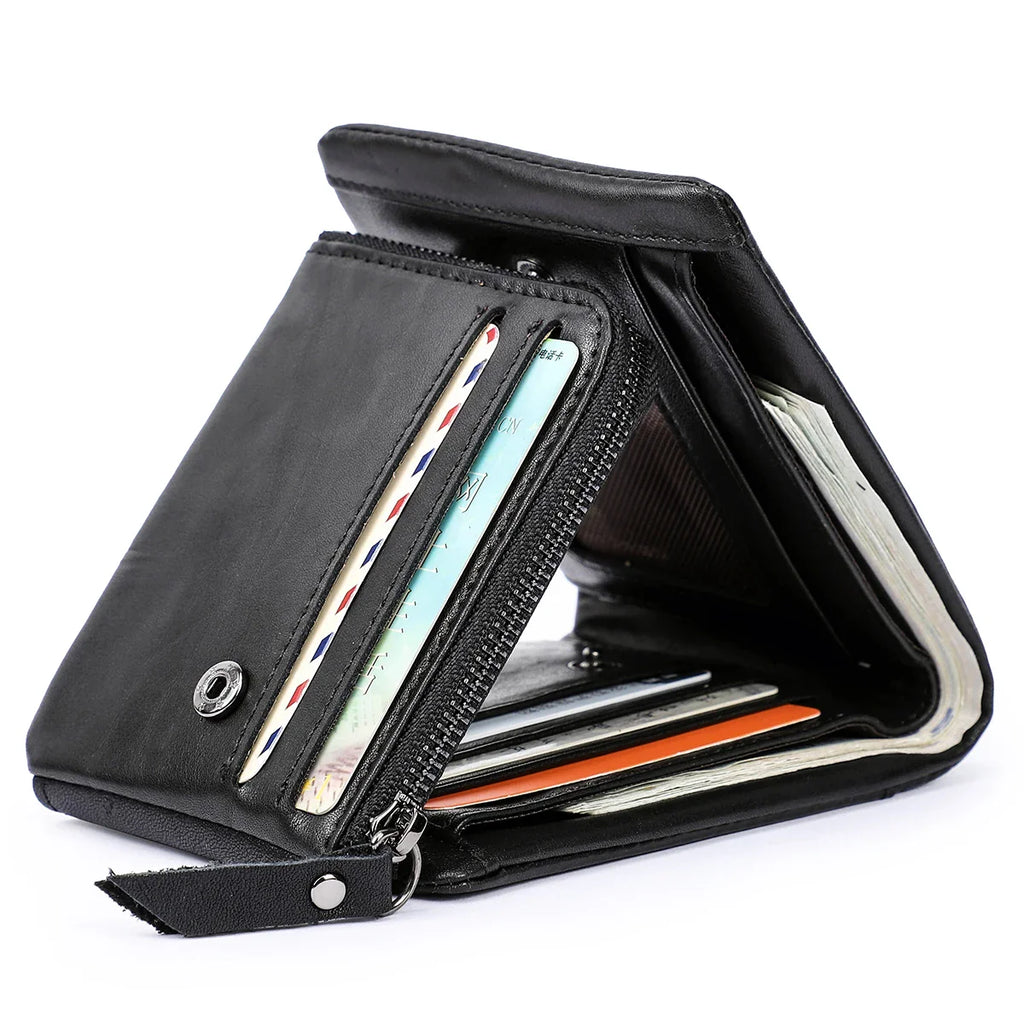 CONTACT'S Genuine Crazy Horse Leather Men Wallets Vintage Trifold Wallet Zip Coin Pocket Purse Cowhide Leather Wallet For Mens