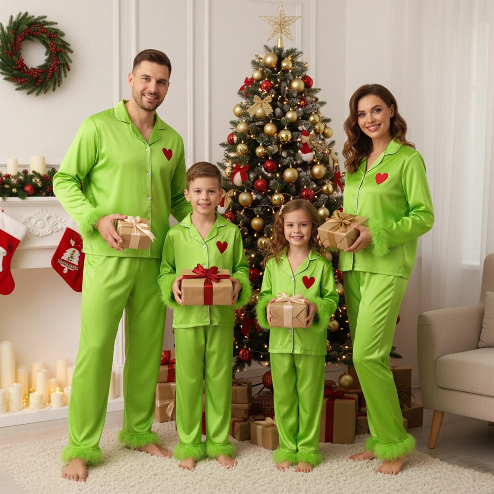 Family Green Satin Silk Christmas Pajamas Button down Shirt Sleepwear Jammies Set