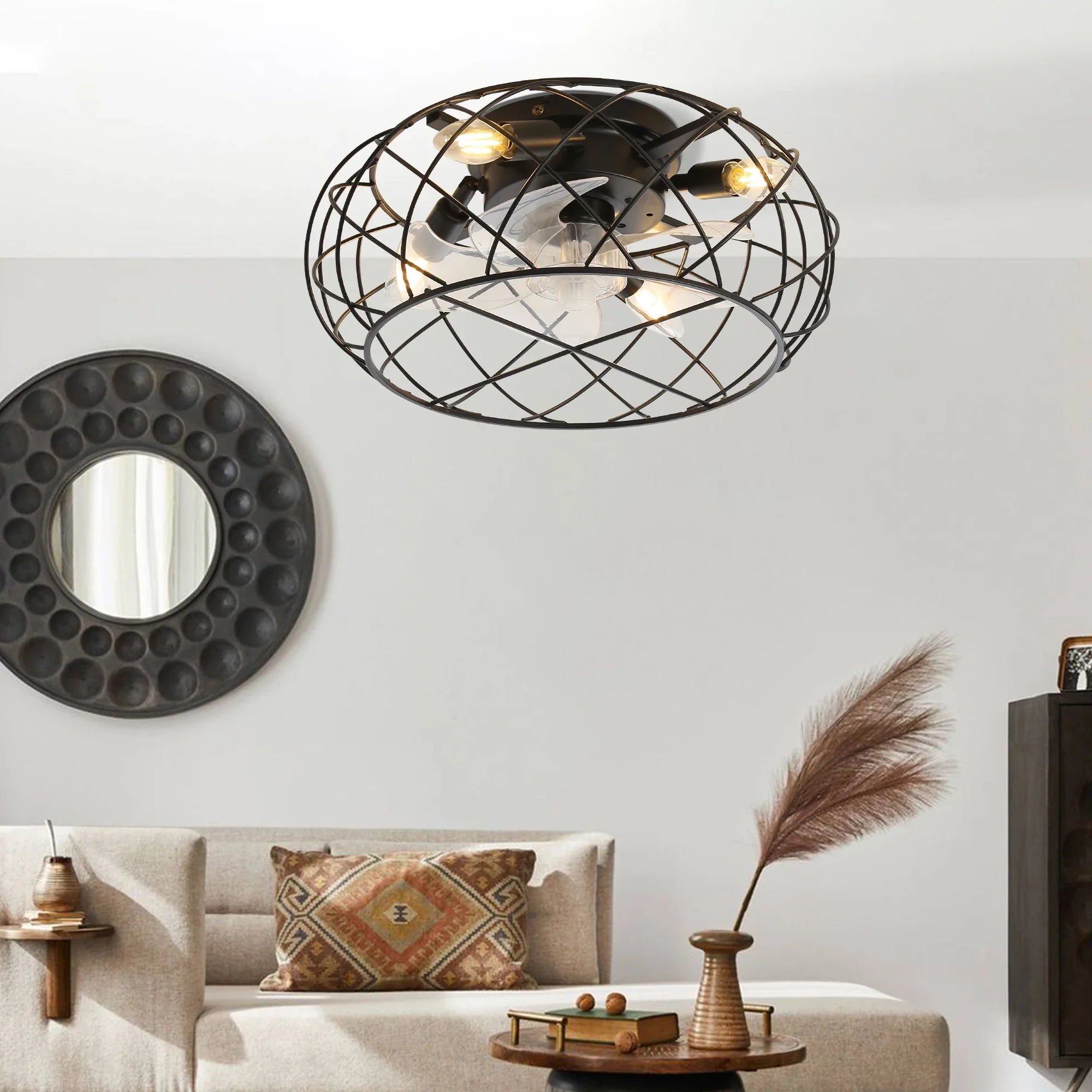KOMORE Black Cage Ceiling Fan Light with Remote 5 Blades DC Motor for Office, Living Room, Bedroom