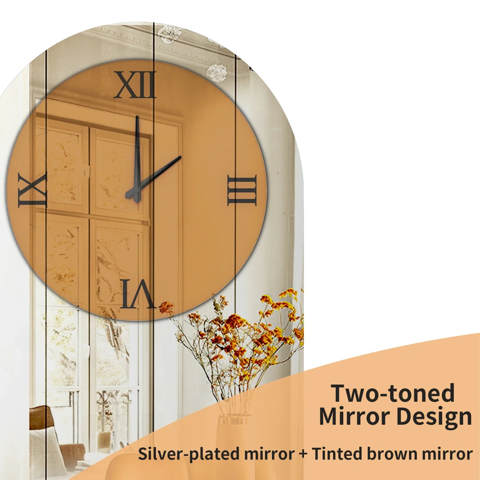 Modern Arched Mirrored Wall Clock Silver Glass Roman Numerals Decorative Clock for Living Room Bedroom