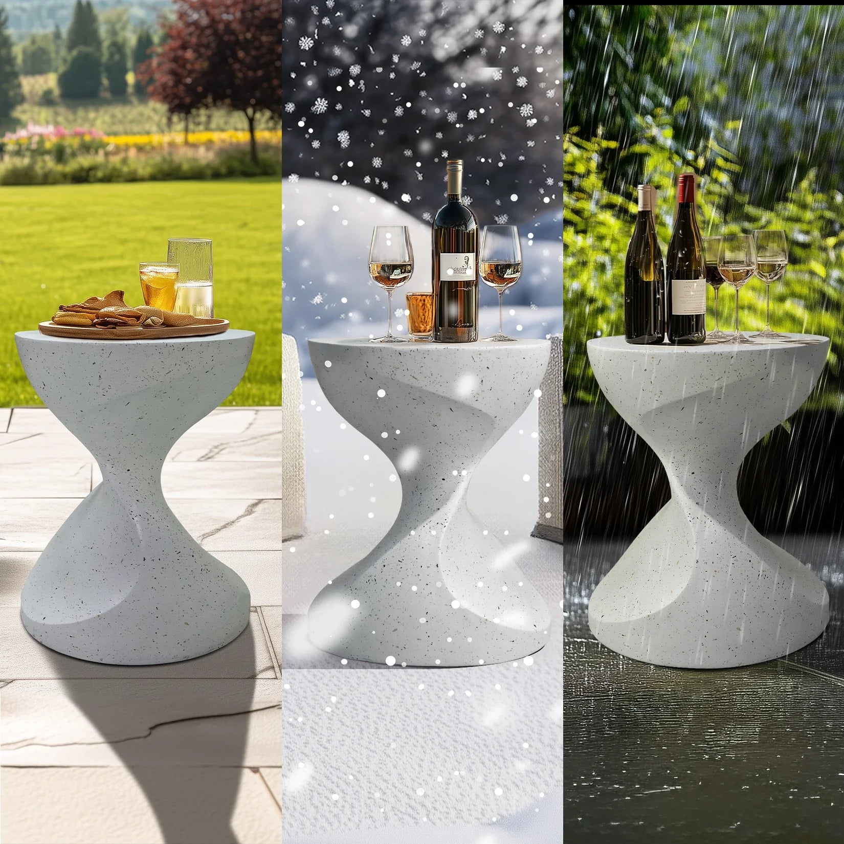 Hourglass Shaped Lightweight Concrete Side Table White Bedside Accent End Table for Living Room, Balcony