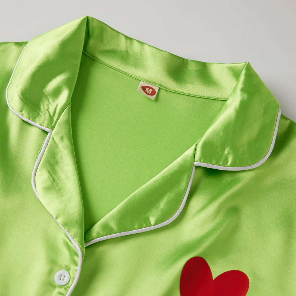 Family Green Satin Silk Christmas Pajamas Button down Shirt Sleepwear Jammies Set