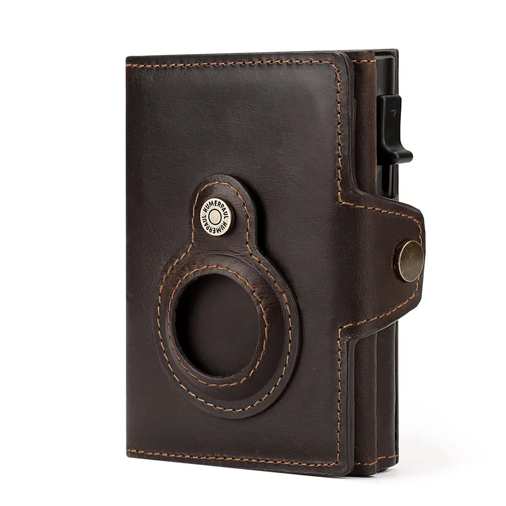 Anti-scan Magnet Credit Card Holder Wallet Genuine Leather Automatic Pop Out Aluminum Smart Wallets Luxury AirTag Purse Set