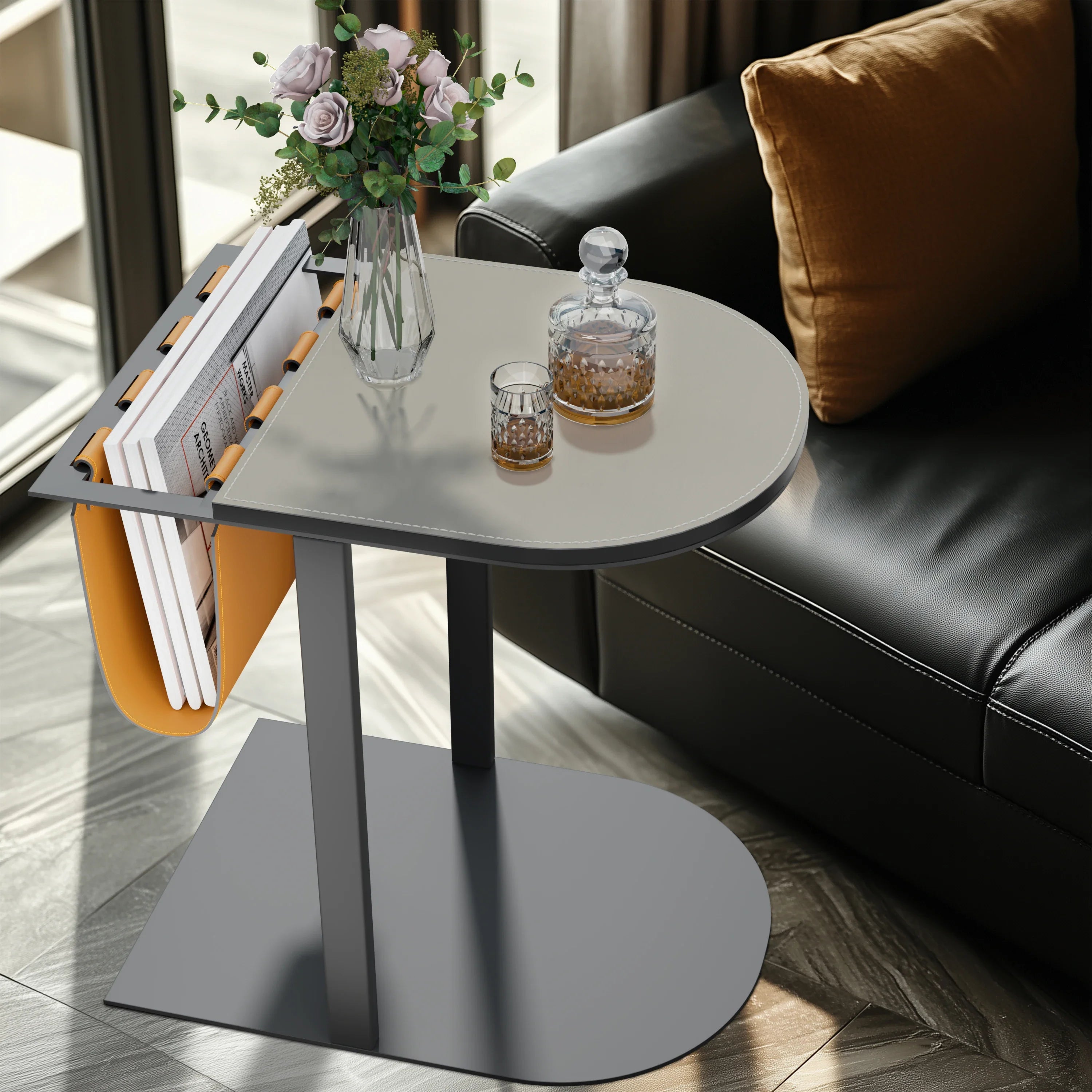 Light-Luxury Narrow Sofa Side Table, Saddle Leather Top, Bedside End Table, Magazine Rack for Living Room and Bedroom