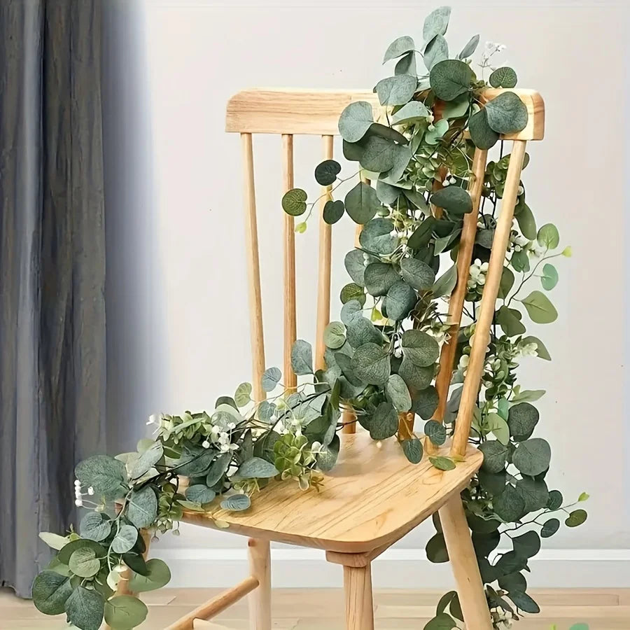 Lush 70.8" Faux Eucalyptus Garland With White Flowers - Perfect For Home & Holiday Decor, Wall Hanging, Yard, And Party Accents