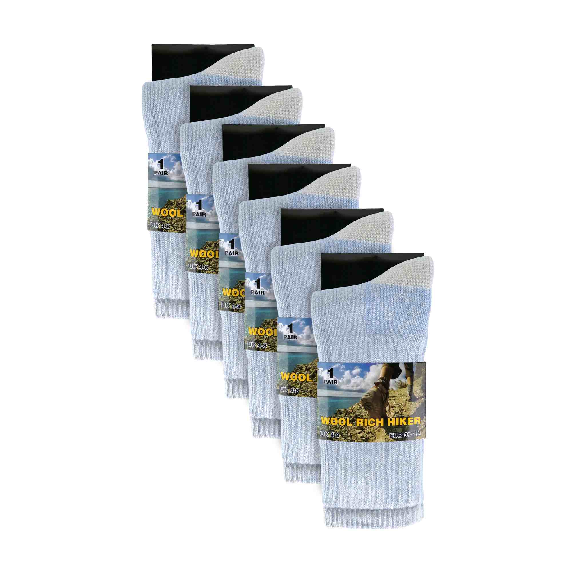 Ladies 6 Pairs Wool Socks - Cushioned Hiking Socks with Reinforced Heel & Toe