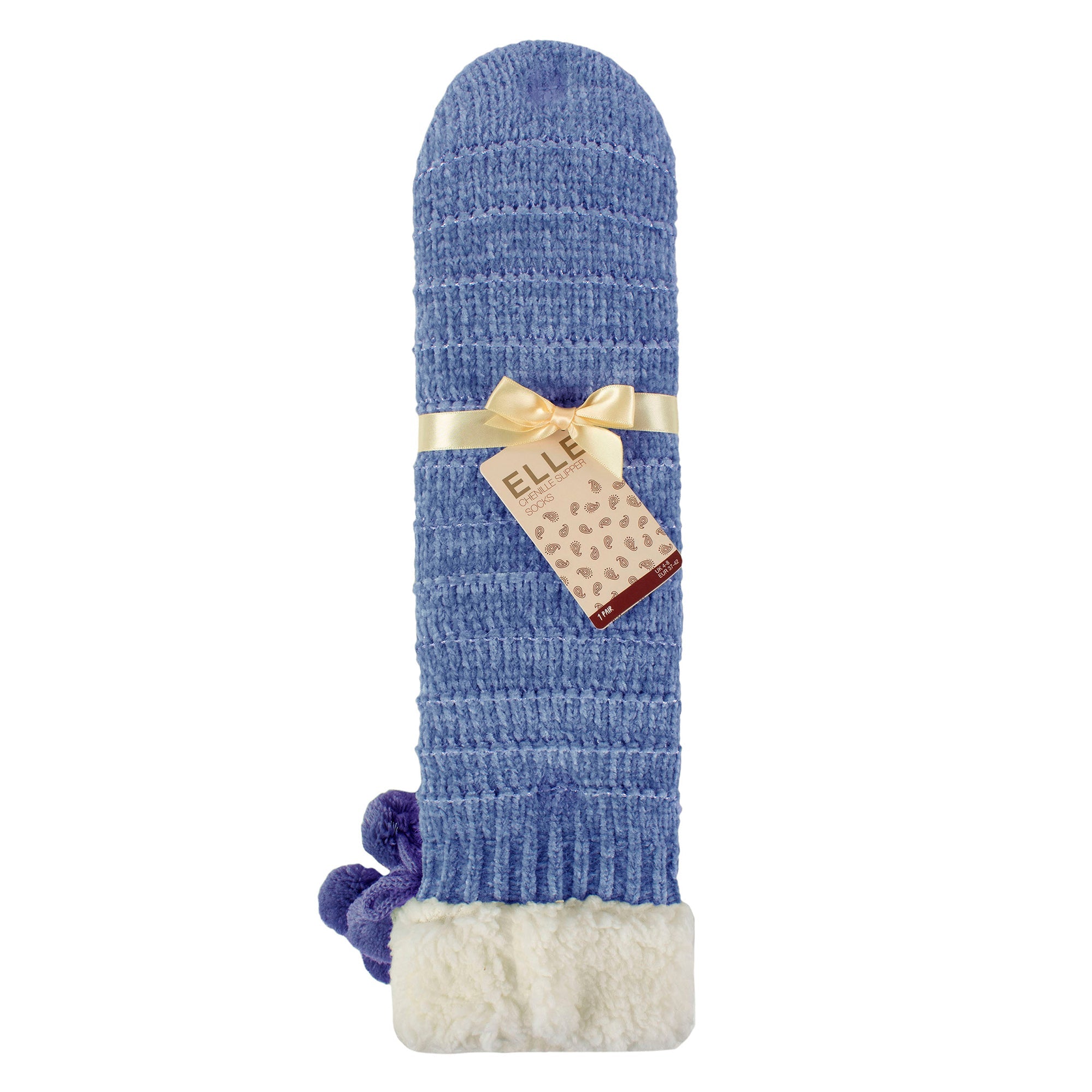 1 Pair Ladies Chenille Slipper Socks with Moccasin Sole - Soft Cosy Comfort