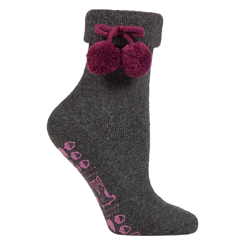 1 Pair Ladies Wool Mix Slipper Socks with Pom Pom - Warm Soft Cosy Comfort