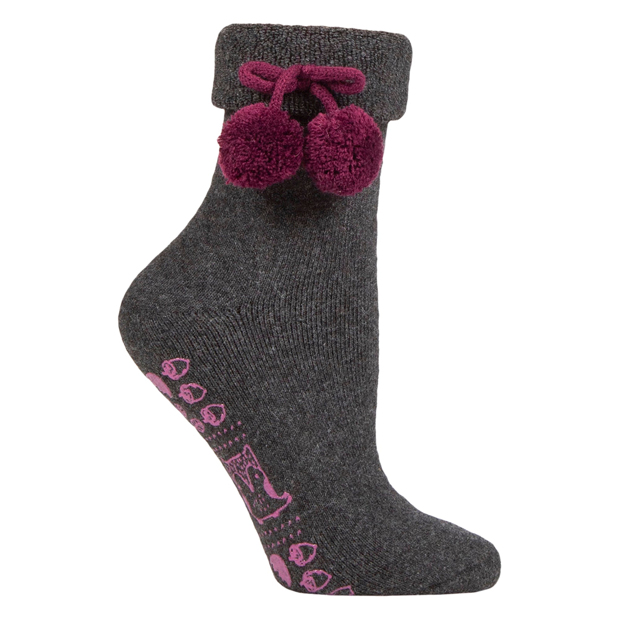 1 Pair Ladies Wool Mix Slipper Socks with Pom Pom - Warm Soft Cosy Comfort