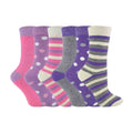 6 Pack Ladies Thermal Cute Patterned Crew Cotton Socks with Stripes