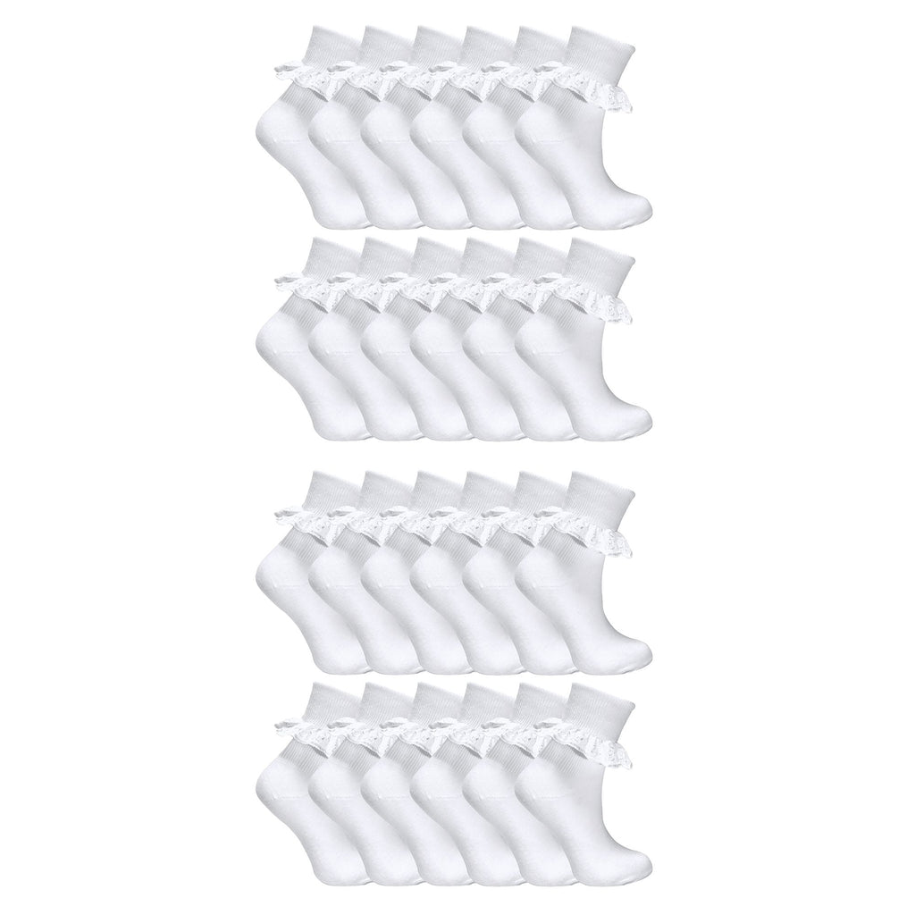 24 Pair White Frilly Lace Socks for Girls