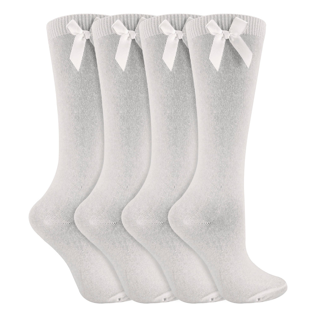 Girls 4 Pack Knee High School Socks with Ribbon Bow | Kids Plain Long Socks