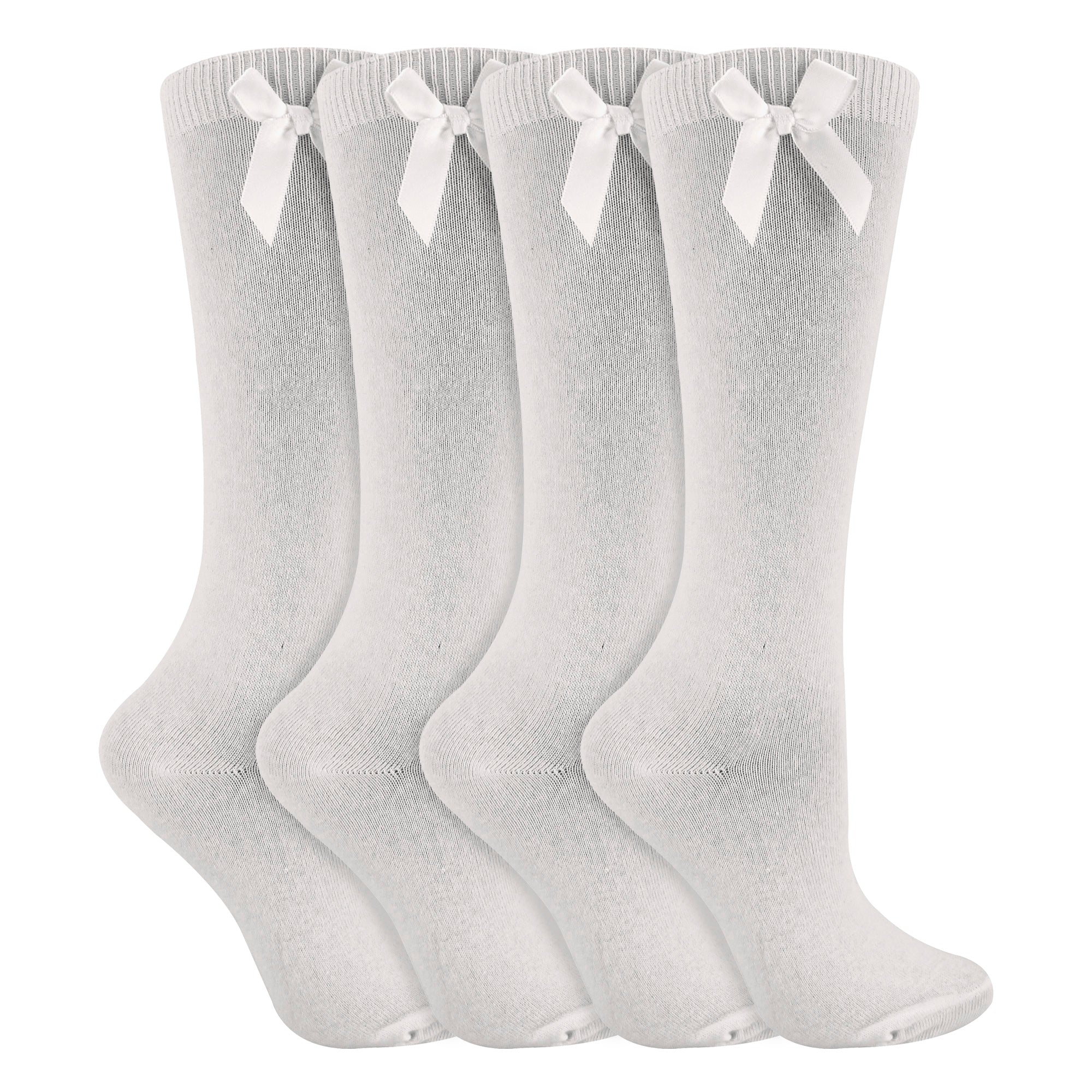 Girls 4 Pack Knee High School Socks with Ribbon Bow | Kids Plain Long Socks