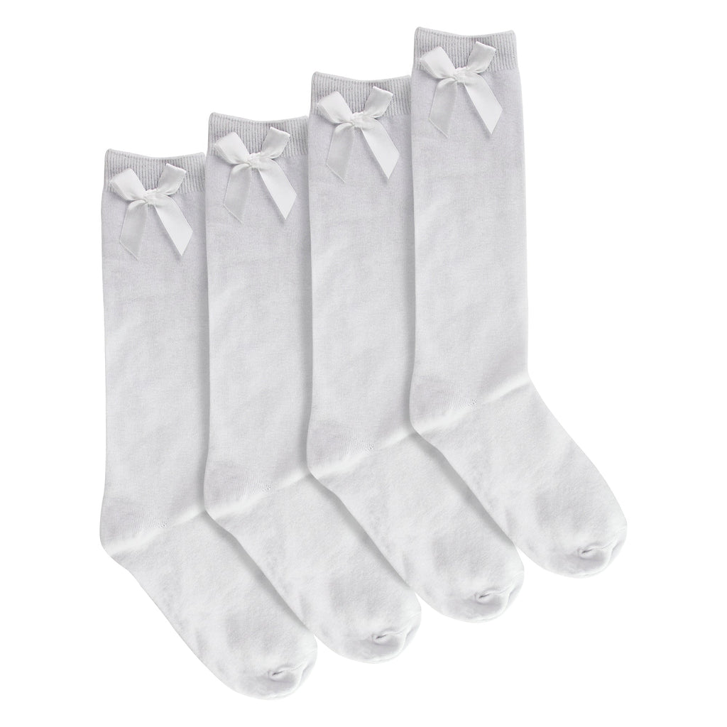Girls 4 Pack Knee High School Socks with Ribbon Bow | Kids Plain Long Socks