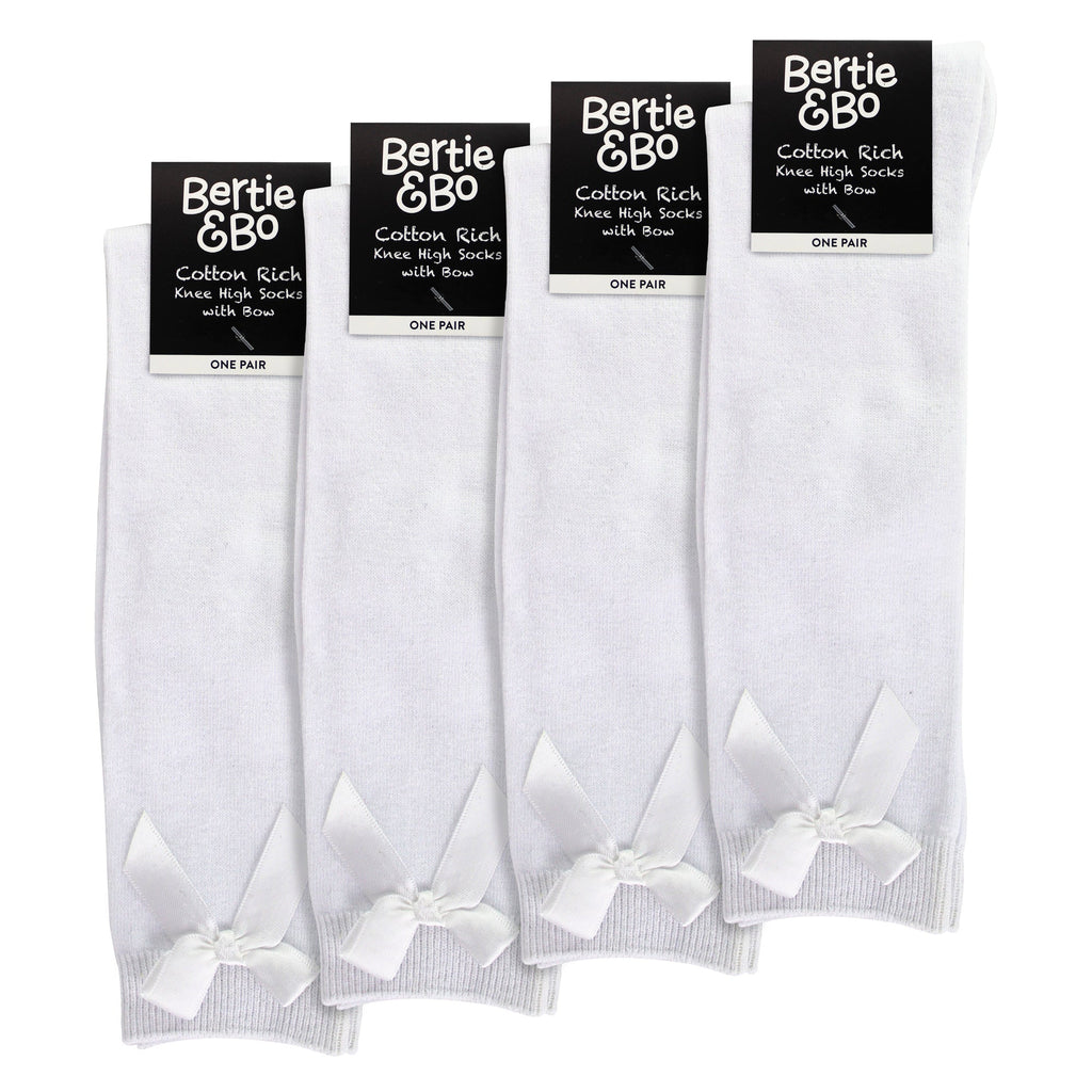 Girls 4 Pack Knee High School Socks with Ribbon Bow | Kids Plain Long Socks