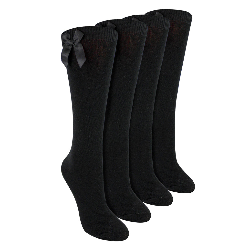 Girls 4 Pack Knee High School Socks with Ribbon Bow