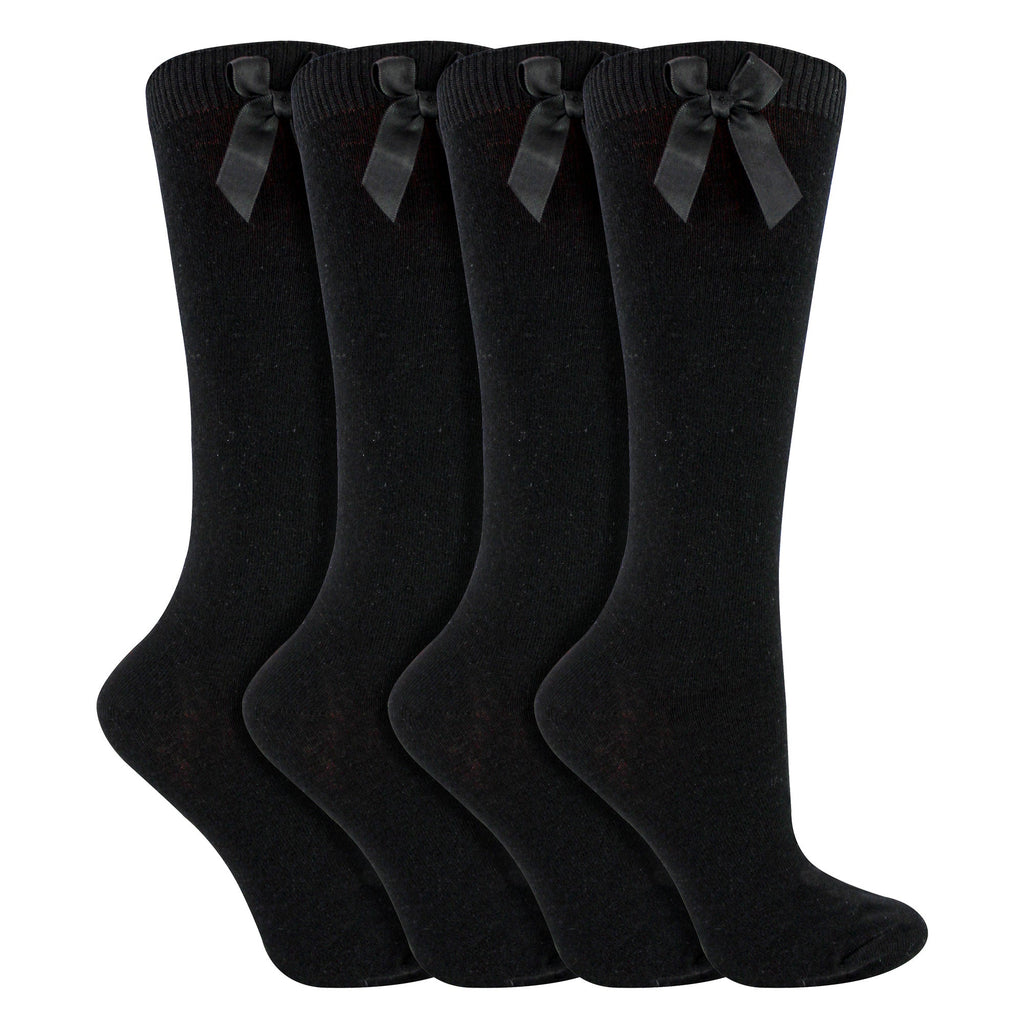 Girls 4 Pack Knee High School Socks with Ribbon Bow | Kids Plain Long Socks