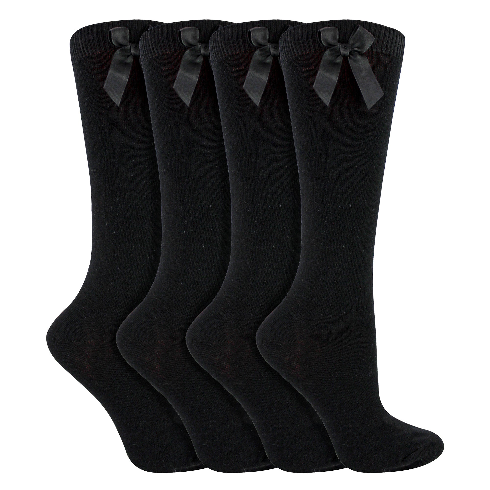 Girls 4 Pack Knee High School Socks with Ribbon Bow | Kids Plain Long Socks