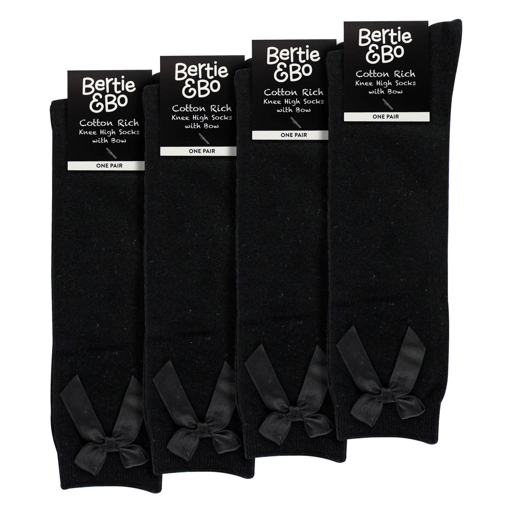 Girls 4 Pack Knee High School Socks with Ribbon Bow | Kids Plain Long Socks