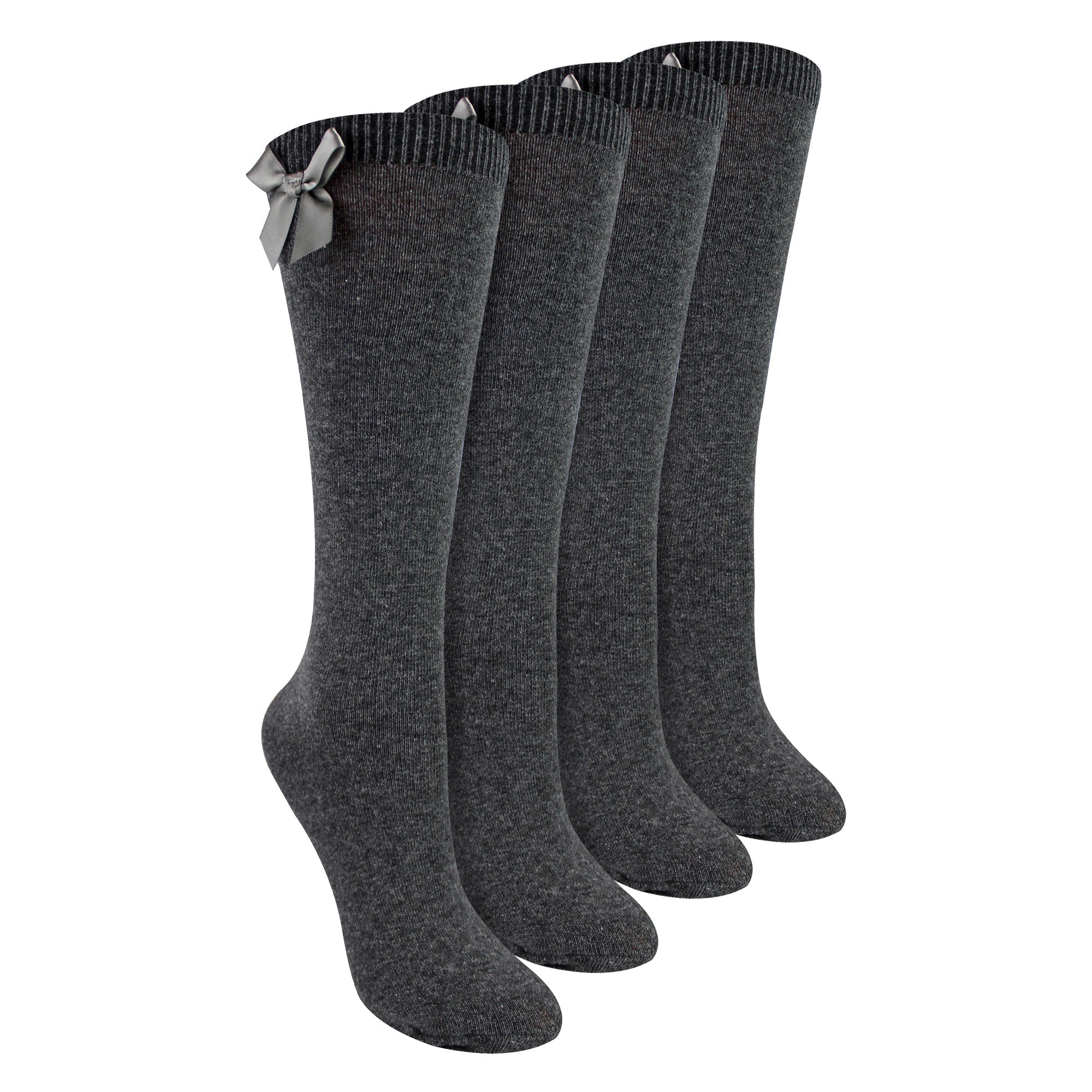 Girls 4 Pack Knee High School Socks with Ribbon Bow | Kids Plain Long Socks