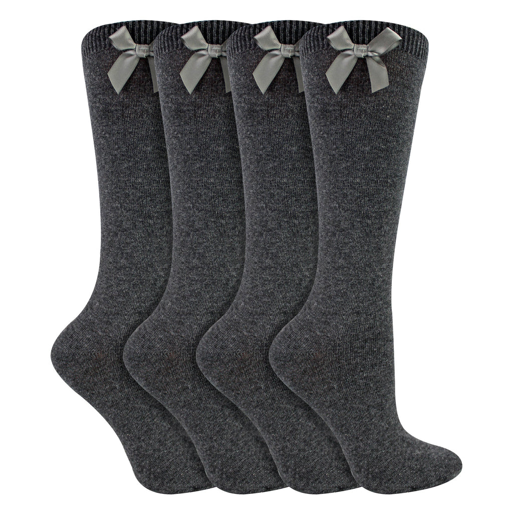 Girls 4 Pack Knee High School Socks with Ribbon Bow | Kids Plain Long Socks
