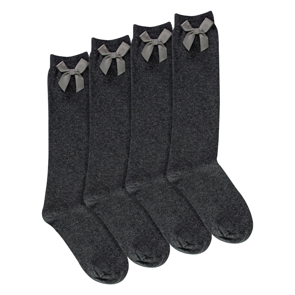 Girls 4 Pack Knee High School Socks with Ribbon Bow | Kids Plain Long Socks
